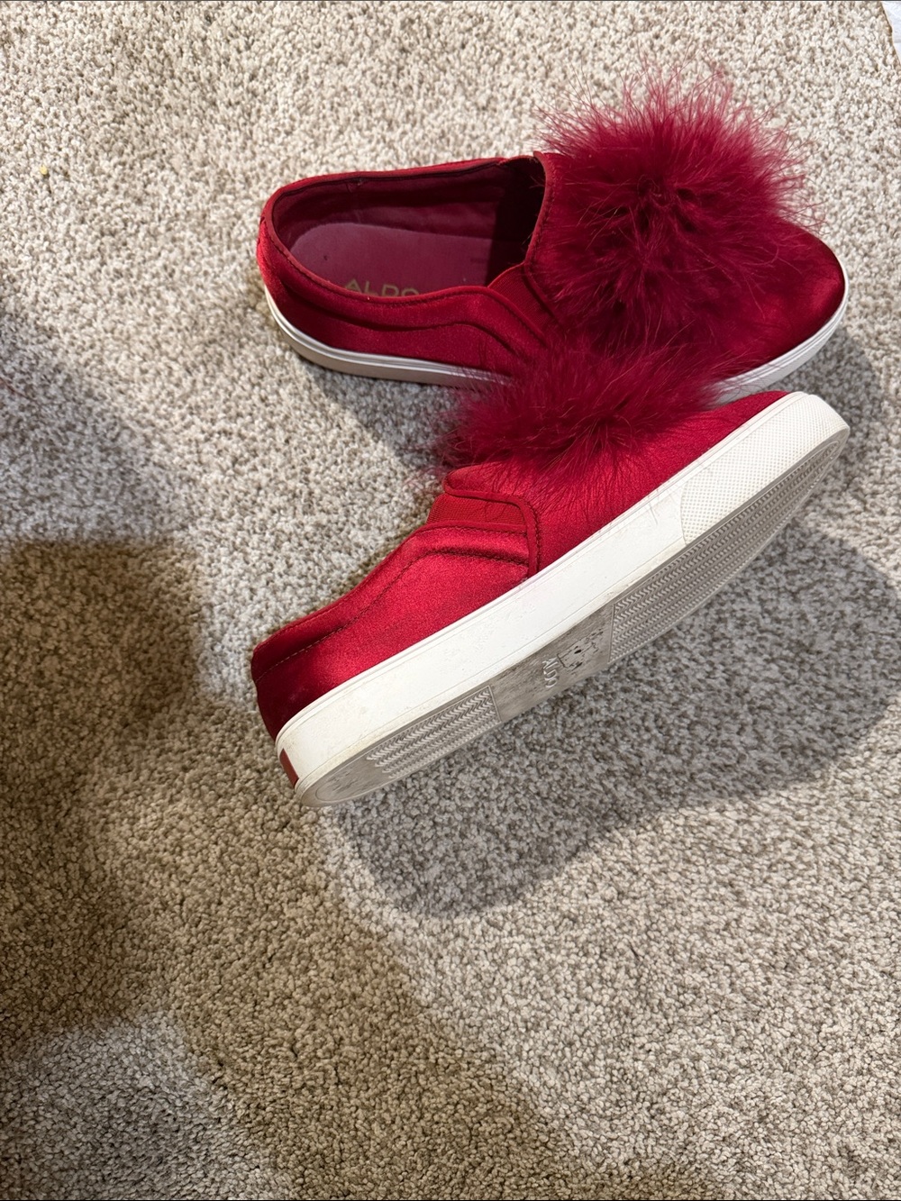 Aldo Red Slip-On Sneakers with Fluffy Pom Accent